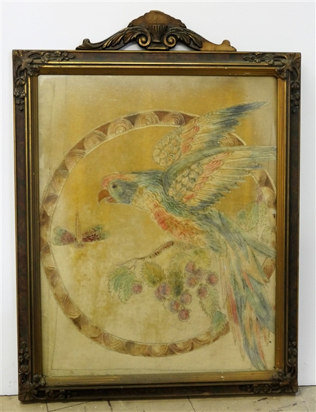 Parrot On Velvet in Floral Decorated Frame - Frame Measures 23" by 18 1/2" - Not including Top Crest - Has Some Damage