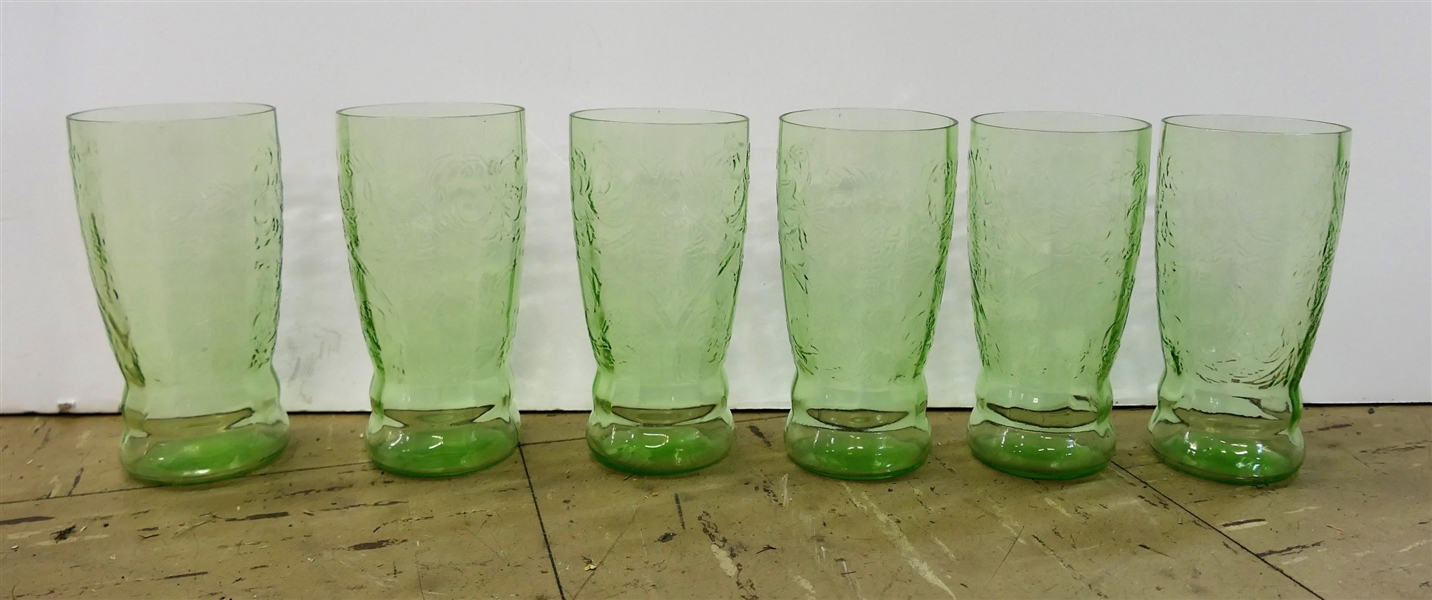 6 Green Depression Glasses - 5 1/2" Tall 