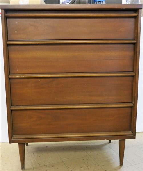 Mid Century Modern Bassett Furniture 4 Drawer Chest - Measures 43 1/2" tall 34" by 18" - Some Veneer Damage - See Photos
