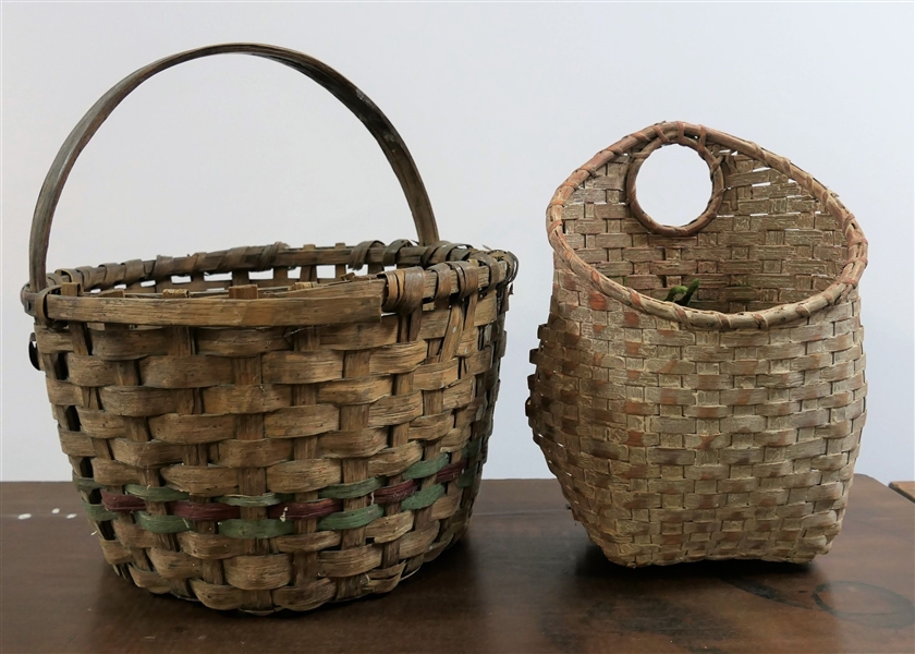 2 Virginia Baskets - Hall Basket and Round Basket with Dyed Details - Wall Basket Measures 12" Tall - Round Basket Has Some Trim Damage Around Top Edge