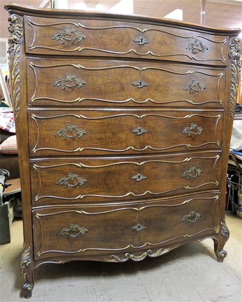 Nice French Provincial Mahogany 5 Drawer Chest with Beautiful Carved Details on Ends and Fronts of Drawers - Divided Top Drawer - Measures 48" tall 43" by 24 1/2" - Small Chip on Bottom Drawer