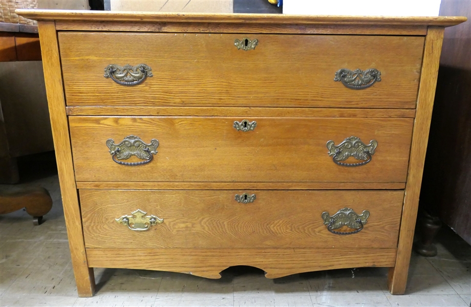Oak 3 Drawer Chest - Measures 31" tall 41" by 18 1/2" 