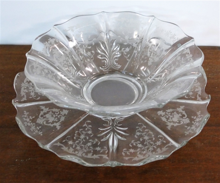 Cambridge Elegant Etched Glass Bowl and Underplate - Bowl Measures 11 1/2 across Platter 14" 