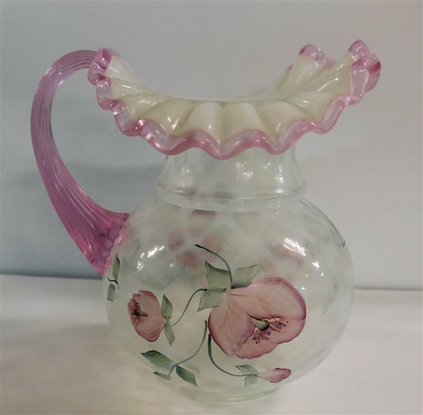 Hand Painted Fenton Pitcher - Artist Signed B. Barman with Original Sticker - Measures 6 1/2" tall 