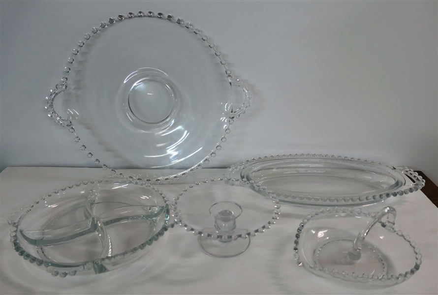 5 Pieces of Candlewick Glass including 9 1/2" Divided Dish and 6" Footed Plate