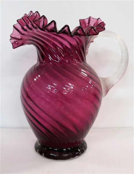 Cranberry Swirl Ruffled Edge Pitcher - Clear Applied Handle - Measures 9 1/2" tall 