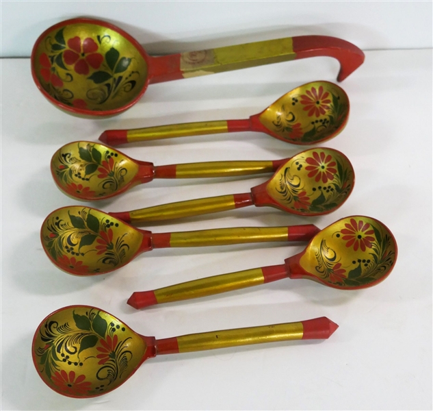 6 Piece Russian Lacquer Painted Spoon and Ladle Set - Ladle Measures 10 1/2" long Spoons 8" 
