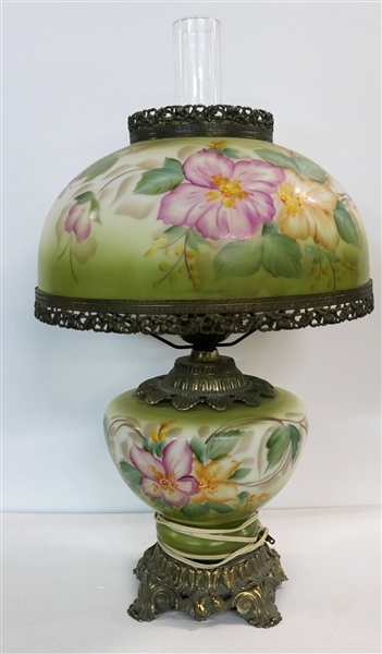 Hand painted Gone with the Wind Style Lamp Lighted in Top and Bottom  Measures 21" Tall not Including Chimney 