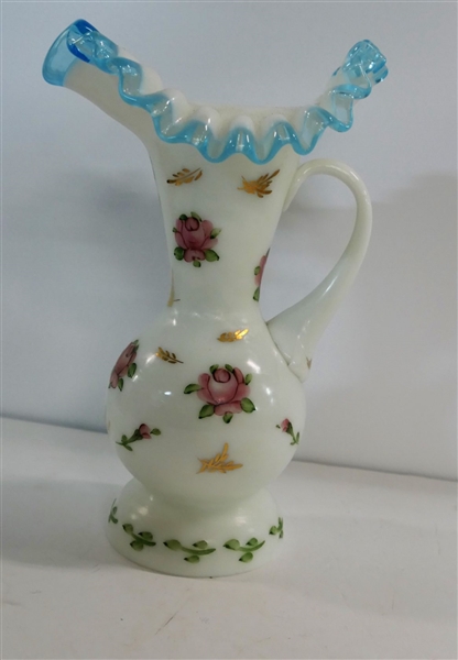 Hand painted Pitcher with Blue Applied Ruffled Edge - Measures 9" tall - 2 Lines in Mold - See Photos