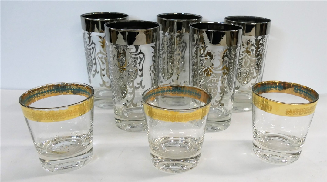 5 - 5 3/4"  Glasses with Silver Shields and Trim and 3 - 3 1/4" Glasses with Gold and Blue Trim 