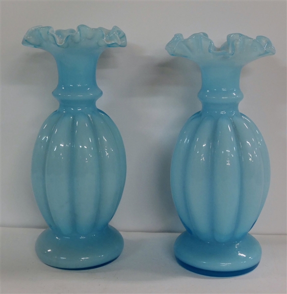 Pair of Blue Case Glass Vases with Ruffled Edges - Measuring 8 1/2" tall 