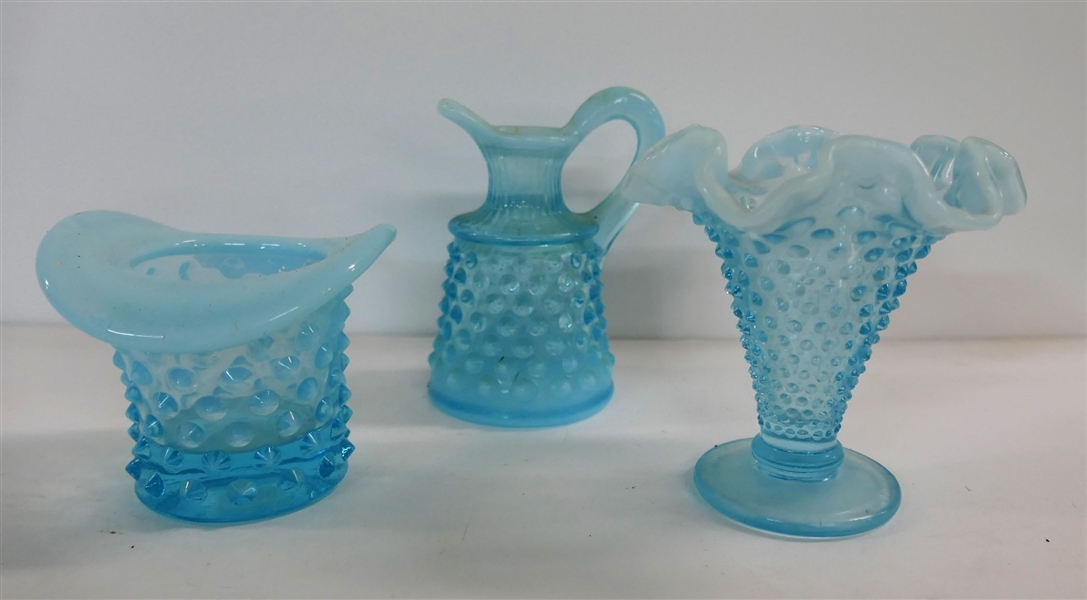 3 Pieces of Blue Opalescent Hobnail - Ruffled Edge Small Vase Measures 3 3/4" tall 