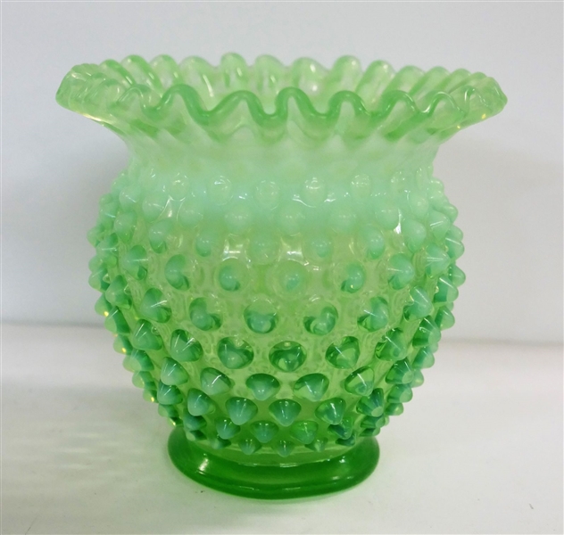 Green Opalescent Hobnail Vase - Measures 4 1/2" tall 4 1/2" across