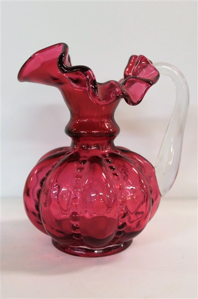 Cranberry Ruffled Edge Vase with Clear Applied Handle - Measures 5" tall 