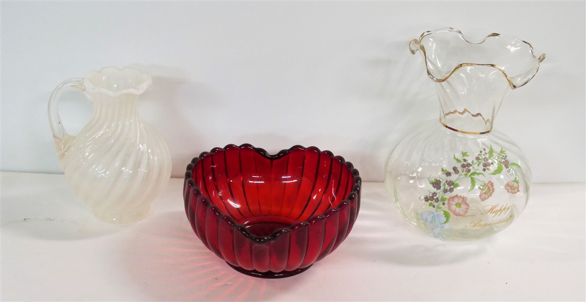 Red Ribbed Fenton Heart Bowl 5" Across, "Happy Anniversary" Vase 6" tall, and White Swirl Pitcher