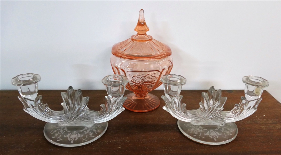 Pair of Cambridge Elegant Etched Glass Candle Holders 4" tall and Pink Depression "Open Rose" Candy Jar - Lid Has Nick - 8 1/2" tall 5" Wide
