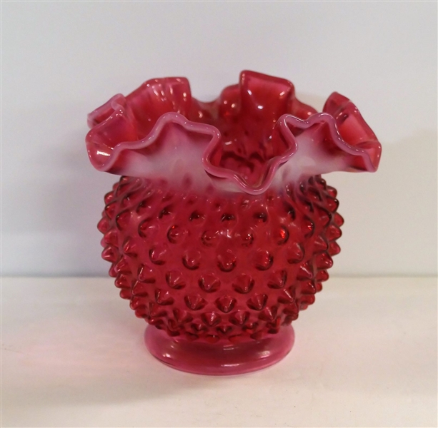 Fenton Cranberry Ruffled Edge Vase - Measures 4 1/2" tall 5" Across