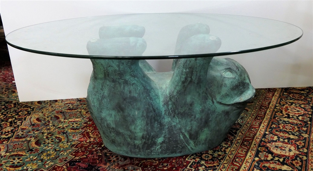 Chalk Bear Glass Top Table - Measures 16" tall 36" by 28" 