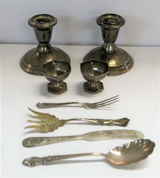 8 Pieces of Sterling Silver including Pair of Weighted Engraved Candle Sticks - 3 1/2" Tall, 2 Footed Salt Cellars, Prelude Fluted Spoon, and Others