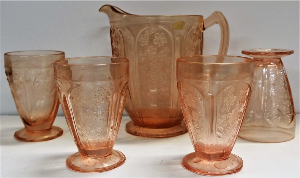 Cherry Blossom Pink Depression Pitcher and Glasses- 1 Glass is Chipped  - Pitcher Measures 7" tall 