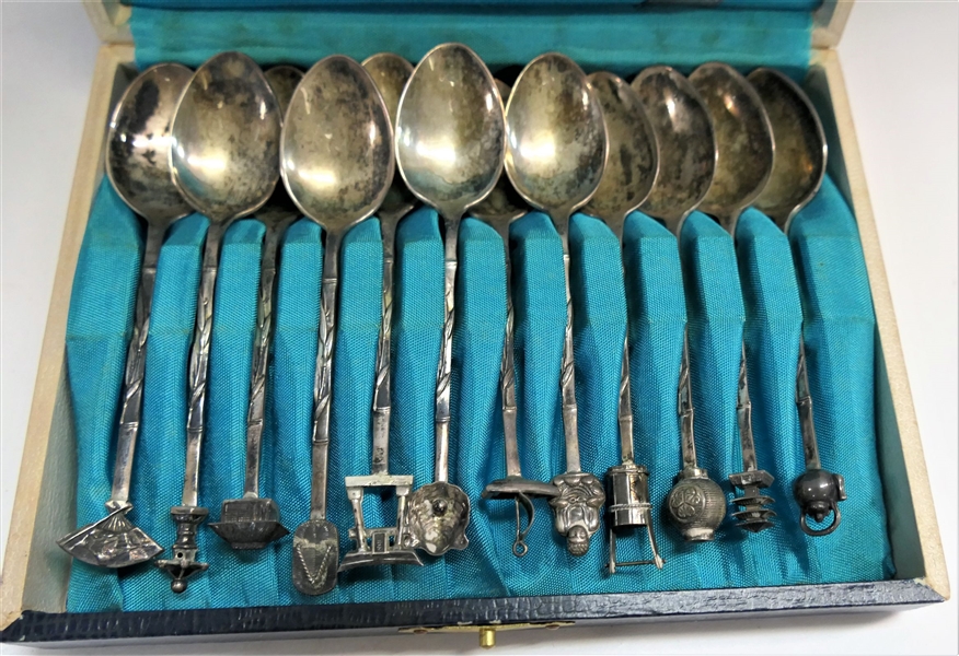 12 Sterling Silver Coffee Spoons with Figural Ends - In Fitted Jewelers Box - Each Spoon Measures 3 1/8" Long