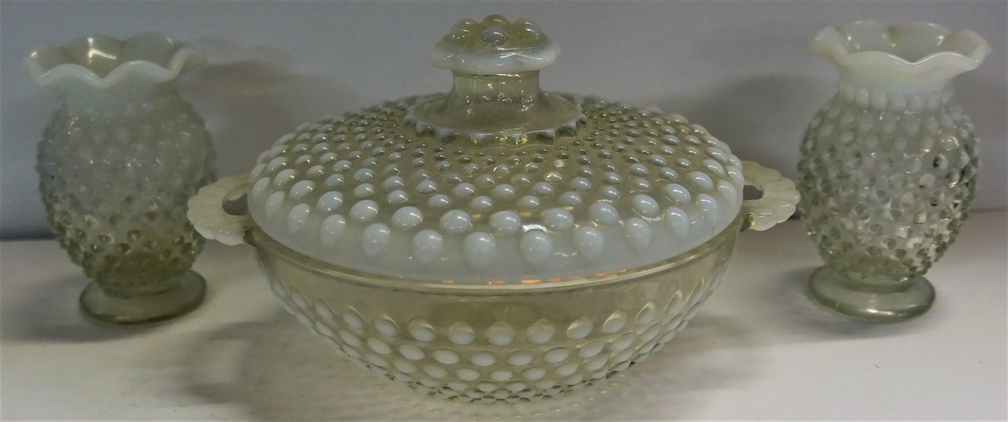 Hobnail Opalescent Miniature Vases and Covered Bowl - Vases Measure 3 1/2" tall Bowl is 6" Across