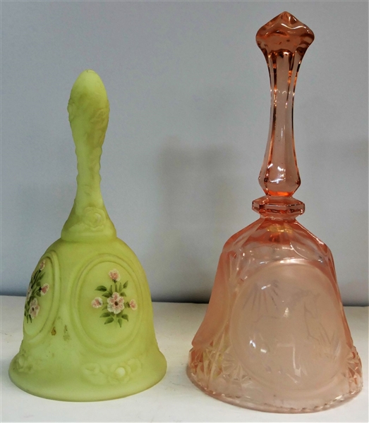 Hand painted Fenton Bell and Pink Bell with Etched Unicorns - 8" Tall 