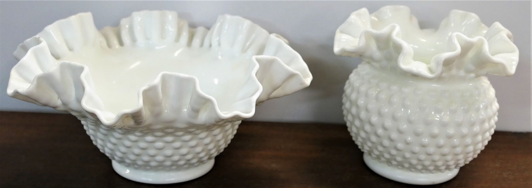 2 Hobnail Milk Glass Pieces - Largest Bowl 4 1/2" tall 9 1/2" Across
