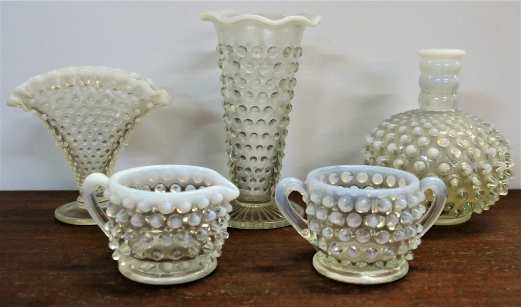5 Pieces of Opalescent Hobnail Glass - Fan Vase Measures 4 1/4" tall 