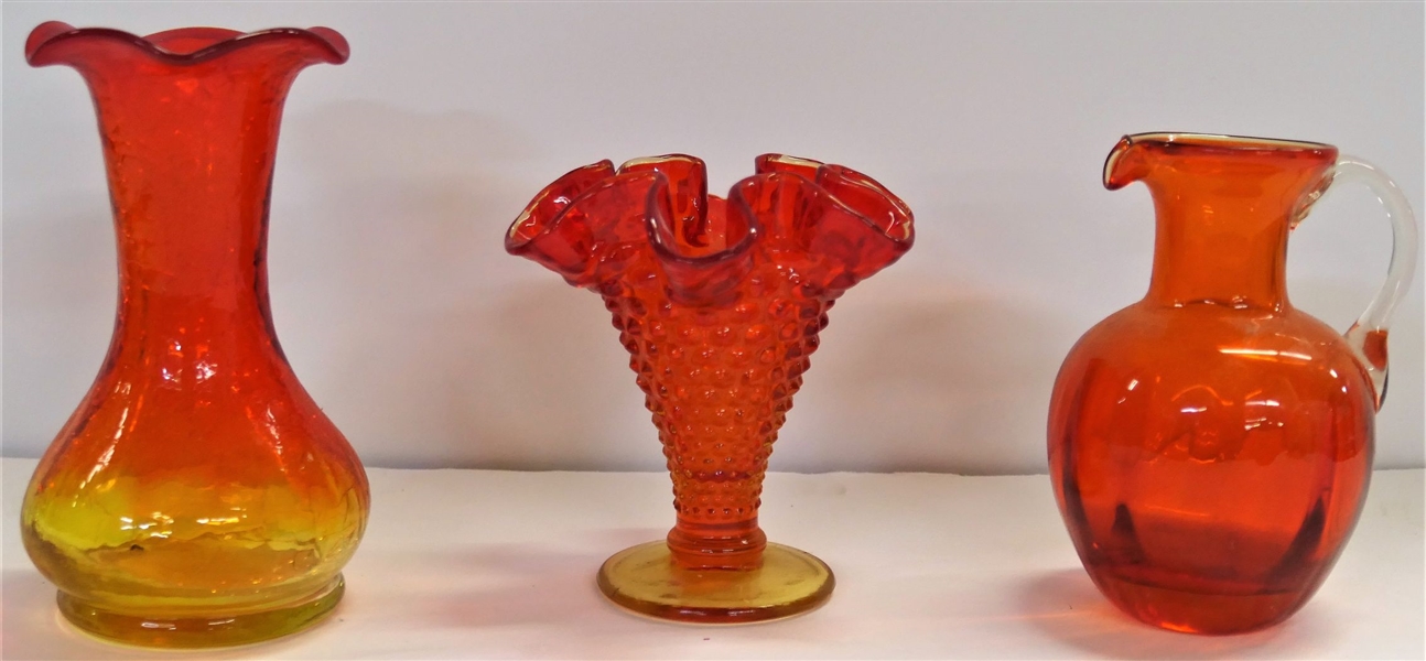 Amberina Hobnail Vase, Amberina Pitcher, and Amberina Crackle Glass Vase - 5" 
