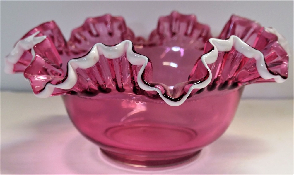 Cranberry Ruffled Edge Bowl with Applied White Trim - 4 1/2" tall 9 1/2" Across