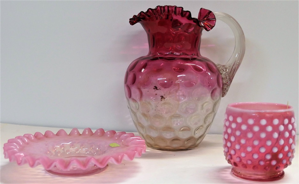 Fenton Hobnail Piece with Original Sticker, Hobnail Cup, and Coin Spot Vase with Large Chip - Fenton with Sticker Measures 1 1/4" Tall 6 1/4" Across