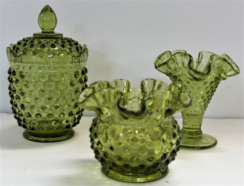 3 Pieces of Olive Green Hobnail - Smallest Vase Signed Fenton - Jar with Lid Measures 6" Tall 
