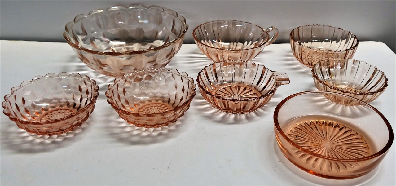 8 Pink Depression Bowls - Largest is 8" Across