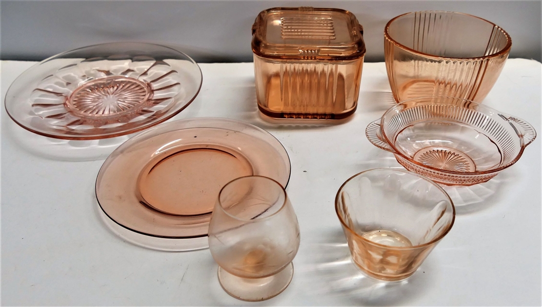 7 Pieces of Pink Depression including Refrigeration Dish 3" tall 4" by 4" 