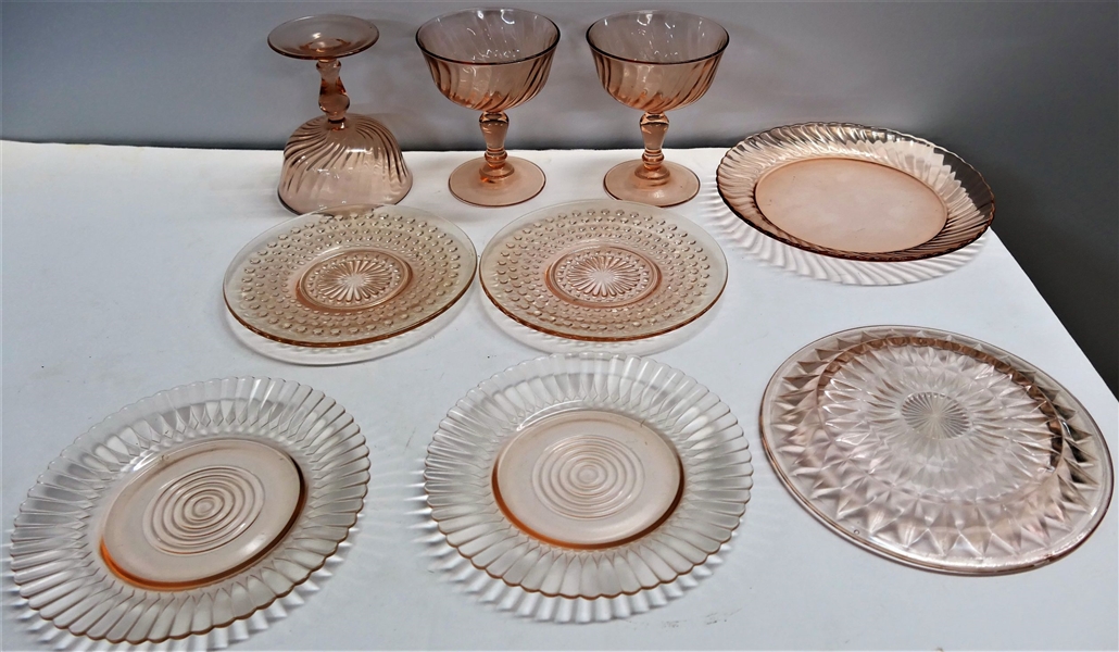 9 Pieces of Pink Depression Glass - 2 Piece are Chipped - Champagne Coupes Measure 4 1/2" tall, Ribbed Plates 6 1/2" Across
