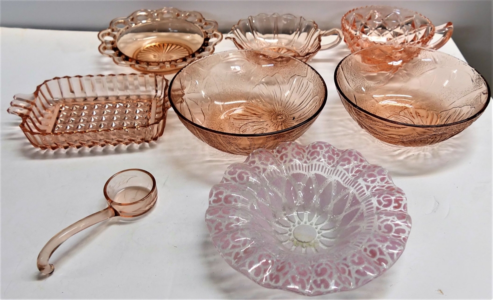 8 Pieces of Pink Glass including Heisey Spoon, Open Lace Bowl, and Others - Rectangular Dish with Handles Measures 7 1/4" by 4 1/2" 