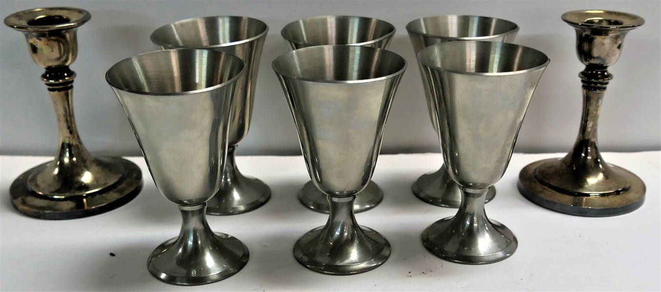 6 Pewter Cordials and Pair of Oneida Silverplate Candle Sticks - 4 1/4" tall 