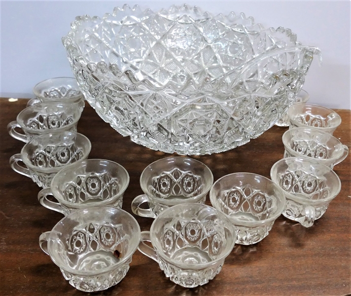 Punchbowl, Cups, and Glass Ladle - 12 Cups - Bowl Measures 15" Across