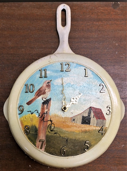 Hand painted Cast Iron Skillet Clock - Measures - 10 1/2" across