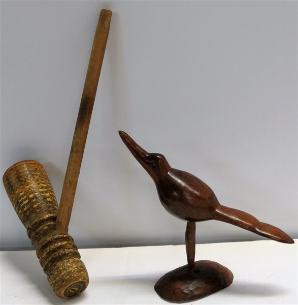 Hand Carved Wood Bird - Missing 1 Leg and Missouri Meerschaum Corn Cob Pipe - 5" tall 8" Long