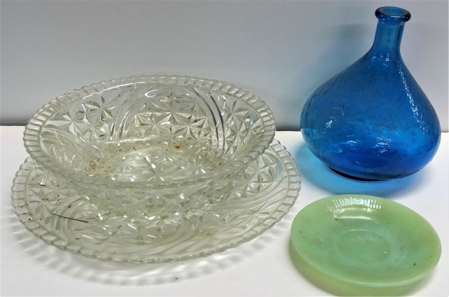Jadite Saucer, Pressed Glass Bowl and Plate, and Blue Bottle with Hole in Side - Bowl Measures 10 1/2" Across