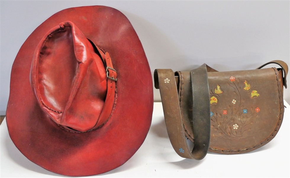 Red Leather Cowboy Hat and Leather Purse with Flowers Embossed - Purse Measures 10 1/2" by 6 1/4" tall 