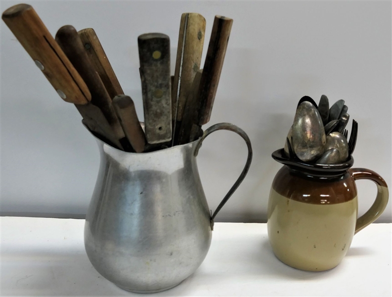 Stainless Pitcher with 10 Wood Handled Kitchen Knives and Wood Spoon and Brown Pottery Pitcher with Silverplate Flatware