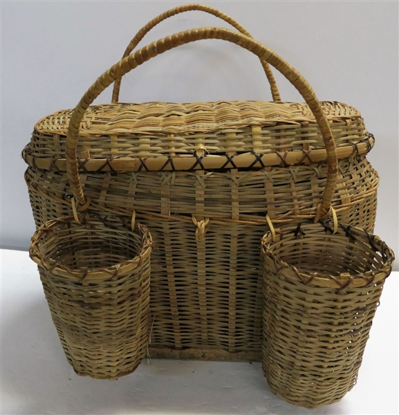 Wicker Picnic Basket with 2 Bottle Holders and Plate Holder - Measures 11" tall 15" by 12" not including Handle 
