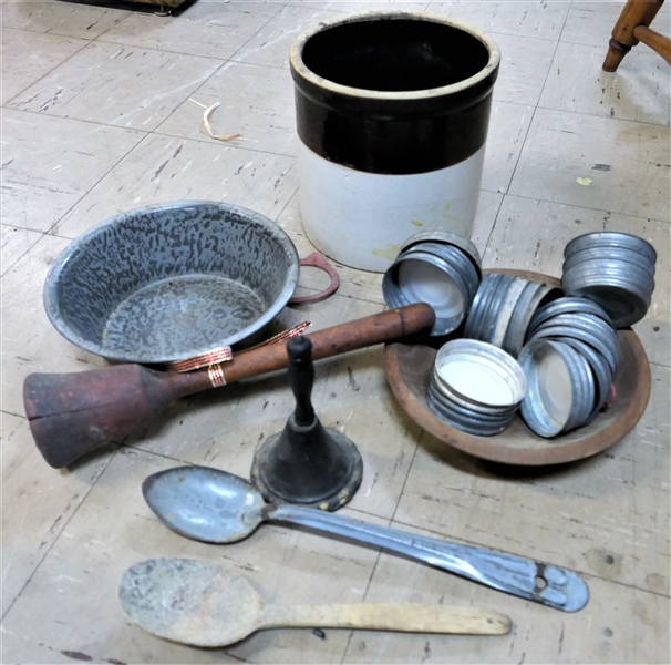Small Wood Bowl, Zinc Lids, Grey Enamel Bowl, Brown and White Crock, and Other Kitchen Utensils - Crock is Cracked
