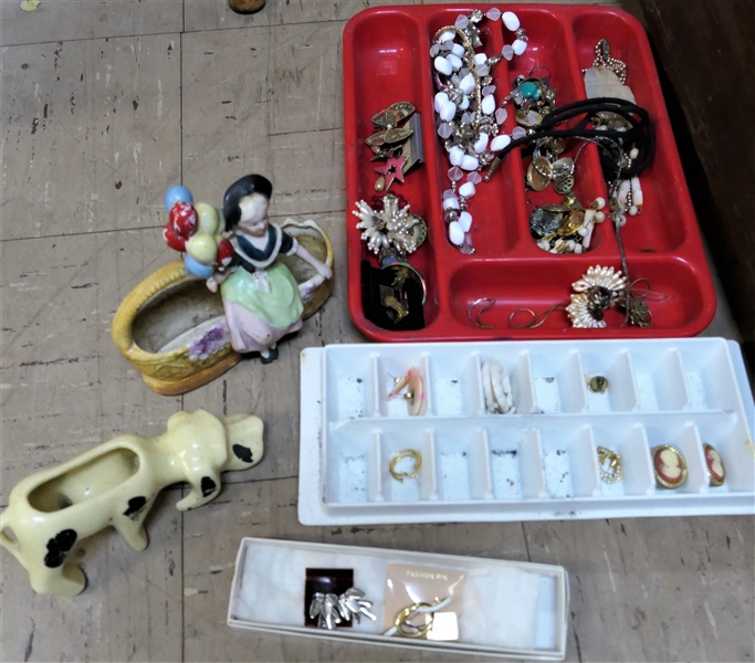 Lot of Costume Jewelry and 2 Small Figural Planters - Dog and Made in Japan Girl with Balloons