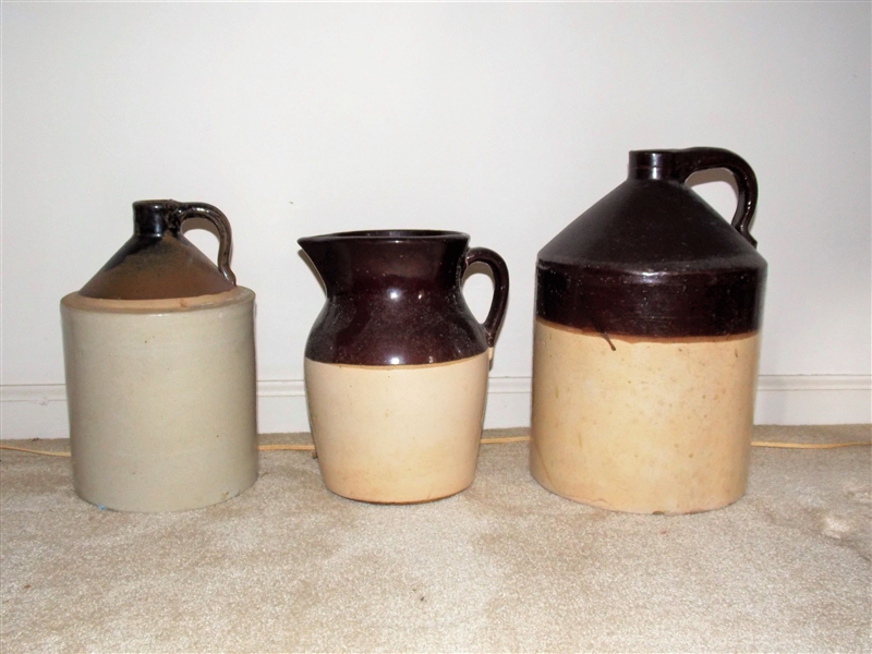 2 Brown and White Stone Jugs and Brown and White Pitcher - 2 Gallon Jug Has Hairline Crack