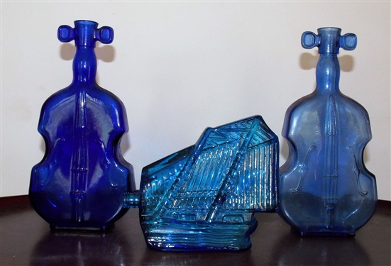 2 Blue Violin Bottles and Blue Ship Bottle