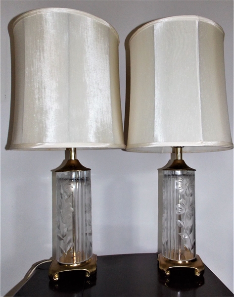 Pair of Floral Etched Table Lamps with Metal Bases - Measuring 32 1/2" Overall